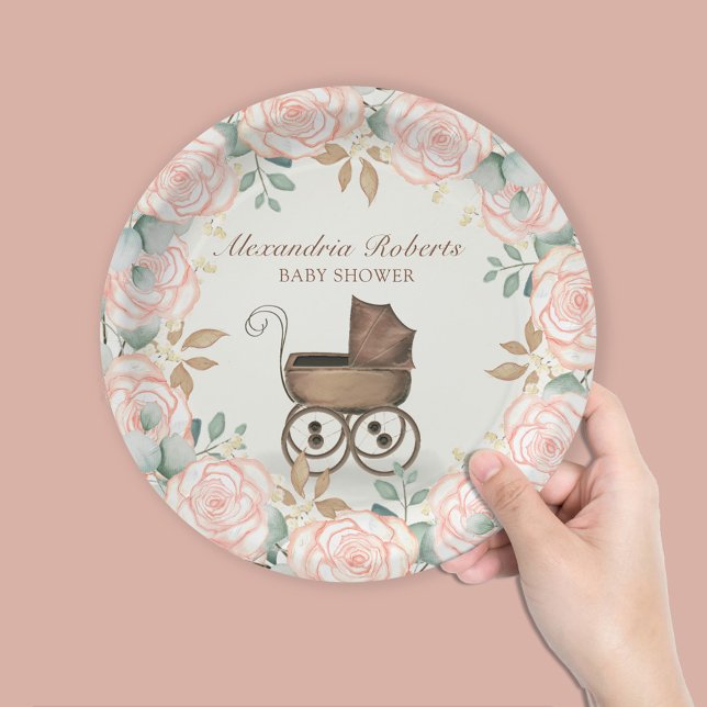 Blush Pink Floral Baby Carriage Custom Shower Paper Plate (Blush pink floral girl baby shower custom paper plate )