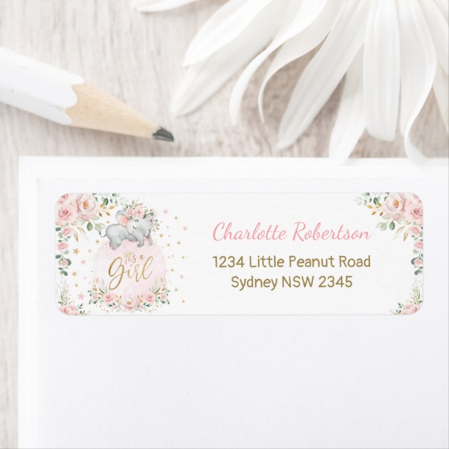 Blush Pink Floral Baby Elephant Return Address (Insitu)
