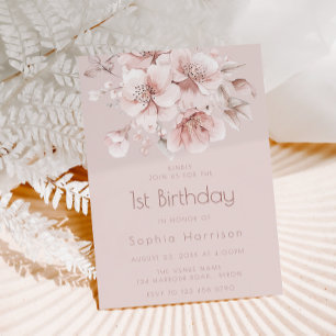 Blush Pink Floral Baby Girls 1st Birthday Party Invitation