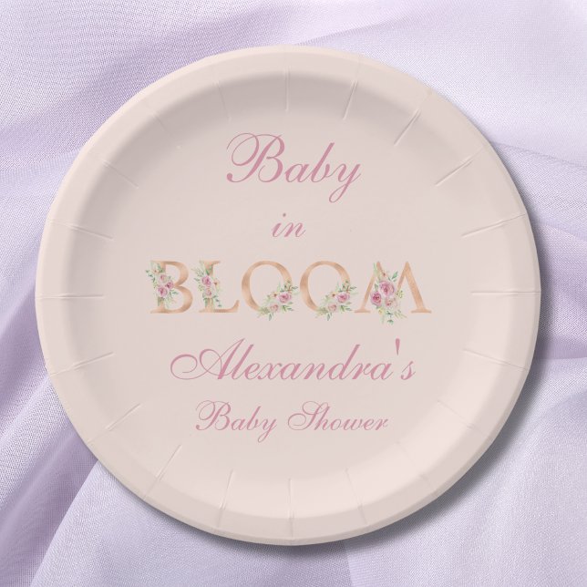 Blush Pink Floral Baby in Bloom Baby Shower Paper Plate (Creator Uploaded)