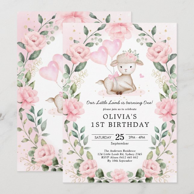 Blush Pink Floral Baby Sheep Lamb Girl Birthday Invitation (Front/Back)