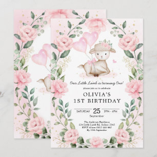Blush Pink Floral Baby Sheep Lamb Girl Birthday Invitation