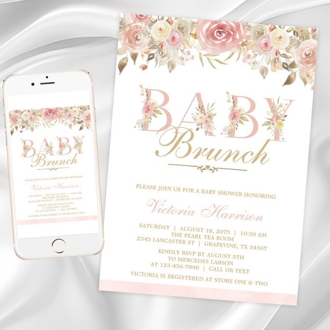 Blush Pink Floral Baby Shower Brunch Invitation (Instant download and printed invitations available.)
