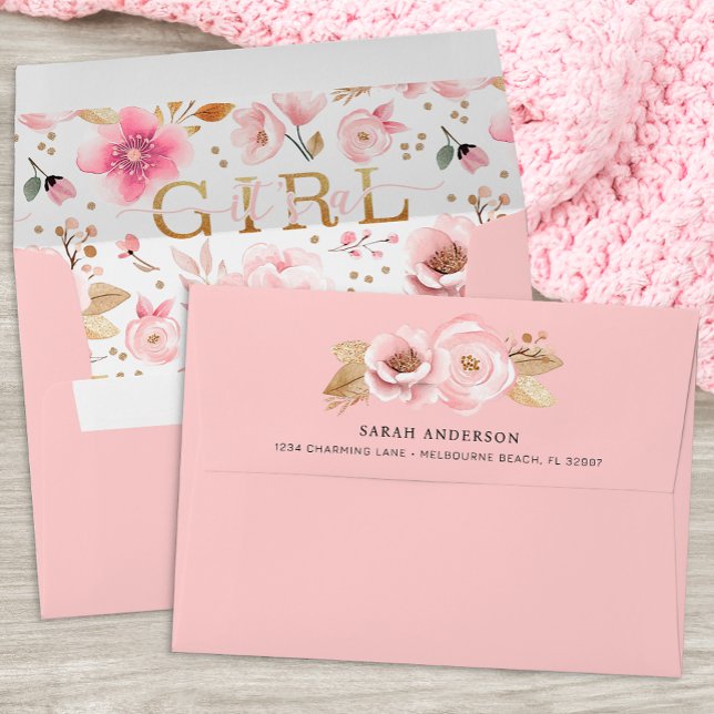 Blush Pink Floral Baby Shower Envelope (It's A Girl Baby Shower Invitation Envelope)