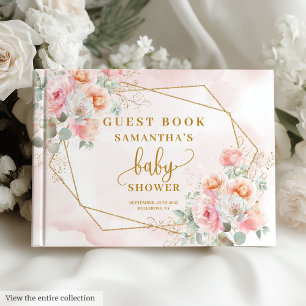 Blush pink floral baby shower girl gold guest book