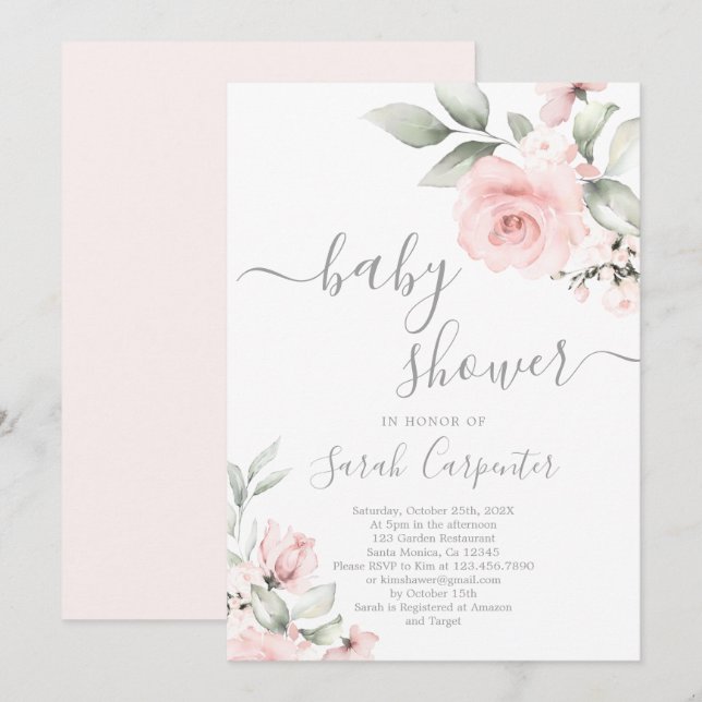 Blush pink Floral Baby Shower Girl Invitation (Front/Back)