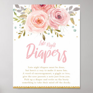 Blush Pink Floral Baby Shower Late Night Diapers Poster