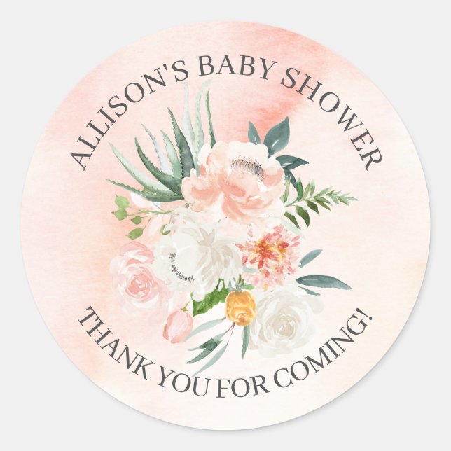 Blush Pink Floral Baby Shower Thank You Shower Classic Round Sticker (Front)