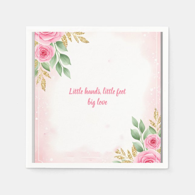 Blush Pink Floral Baby Shower with Roses and Gold  Napkin (Front)
