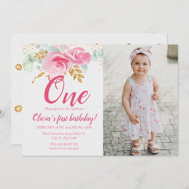 Blush Pink Floral Baby's First Birthday Photo Invitation (Front/Back)