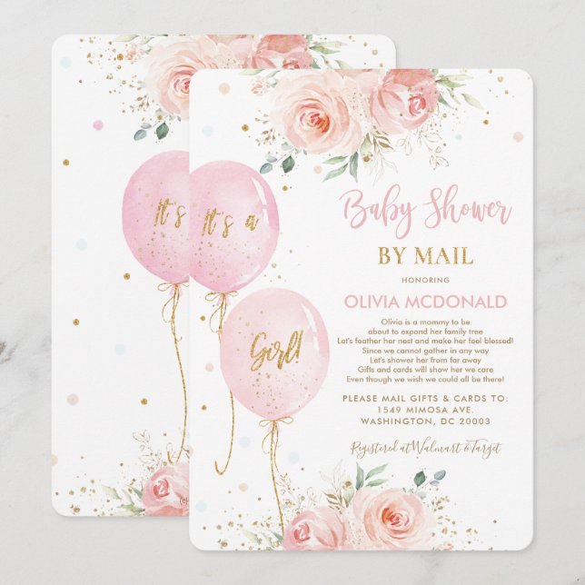 Blush Pink Floral Balloons Gold Baby Shower by Mai Invitation (Front/Back)