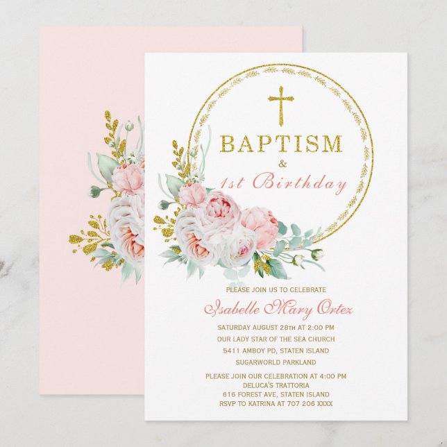 Blush Pink Floral Baptism and  First Birthday Invi Invitation (Front/Back)