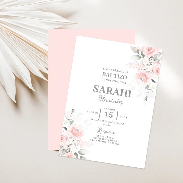 Blush Pink Floral Baptism girl Spanish invitation (Creator Uploaded)