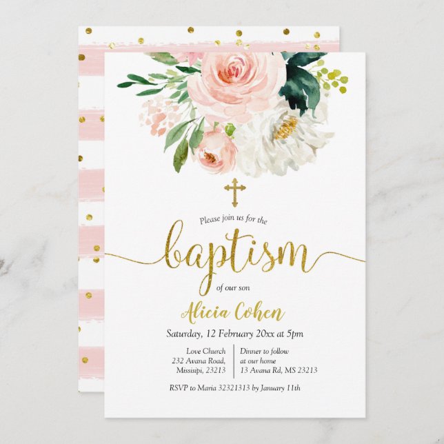 Blush Pink Floral Baptism Invitation (Front/Back)