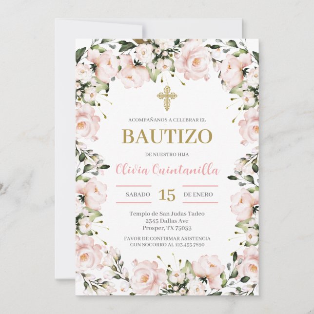 Blush Pink Floral Baptism Spanish Invitation (Front)