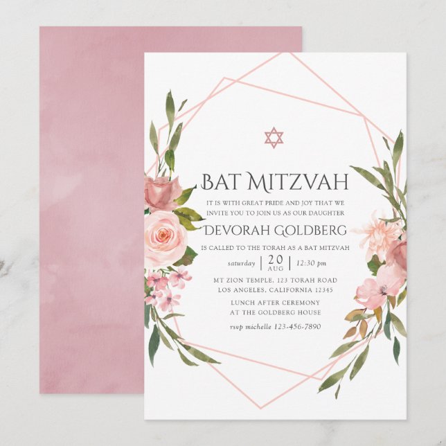 Blush Pink Floral Bat Mitzvah Invitation (Front/Back)