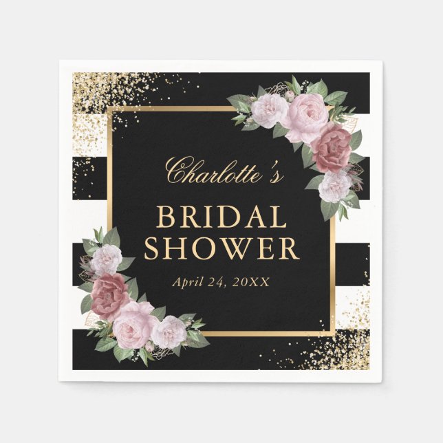 Blush Pink Floral Black and Gold Bridal Shower  Napkin (Front)