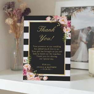 Blush Pink Floral Black White Stripes Wedding Thank You Card