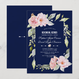 Blush Pink Floral Bloom Navy Blue Rehearsal Dinner Invitation