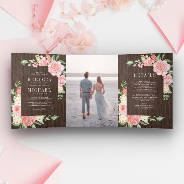 Blush Pink Floral Bloom Photo Barn Wood Wedding Tri-Fold Invitation (Creator Uploaded)