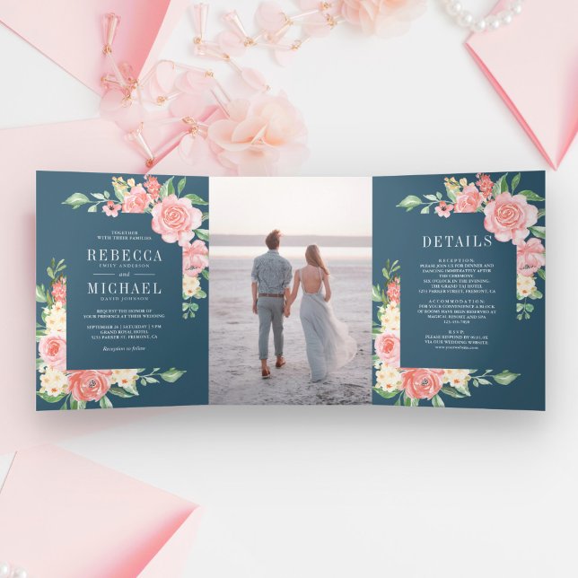Blush Pink Floral Bloom Photo Dusty Blue Wedding Tri-Fold Invitation (Creator Uploaded)