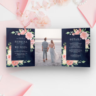 Blush Pink Floral Bloom Photo Navy Blue Wedding Tri-Fold Invitation