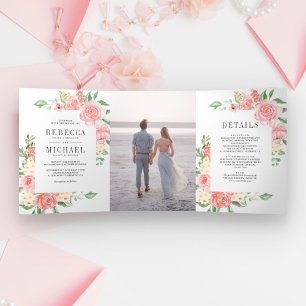 Blush Pink Floral Bloom Rose Garden Photo Wedding  Tri-Fold Invitation