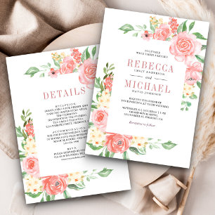 Blush Pink Floral Bloom Roses All in One Wedding Invitation