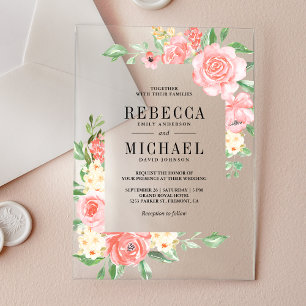 Blush Pink Floral Bloom Roses Wedding Acrylic Invitations