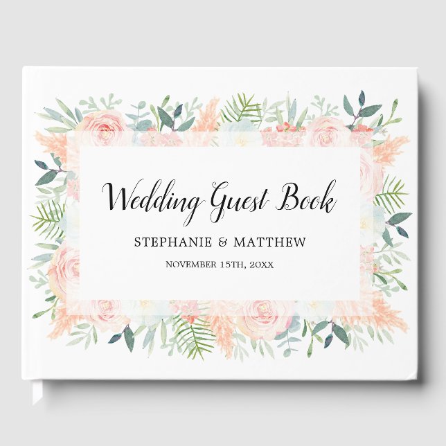 Blush Pink Floral Bloom Watercolor Wedding Guest Book (Front)