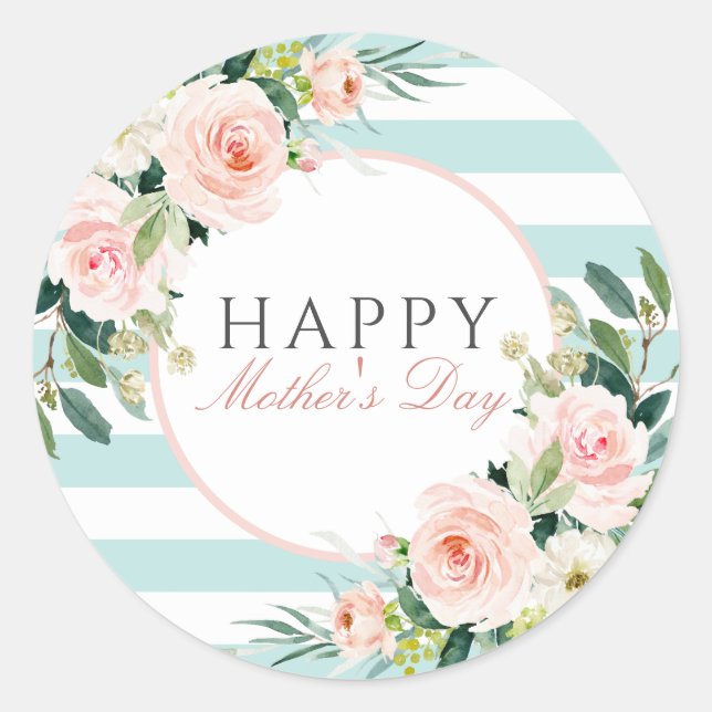Blush Pink Floral Blue Stripes Mother's Day Classic Round Sticker (Front)