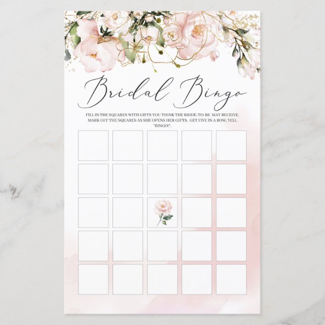 Blush Pink Floral Boho Bridal Shower Bingo Game (Front)