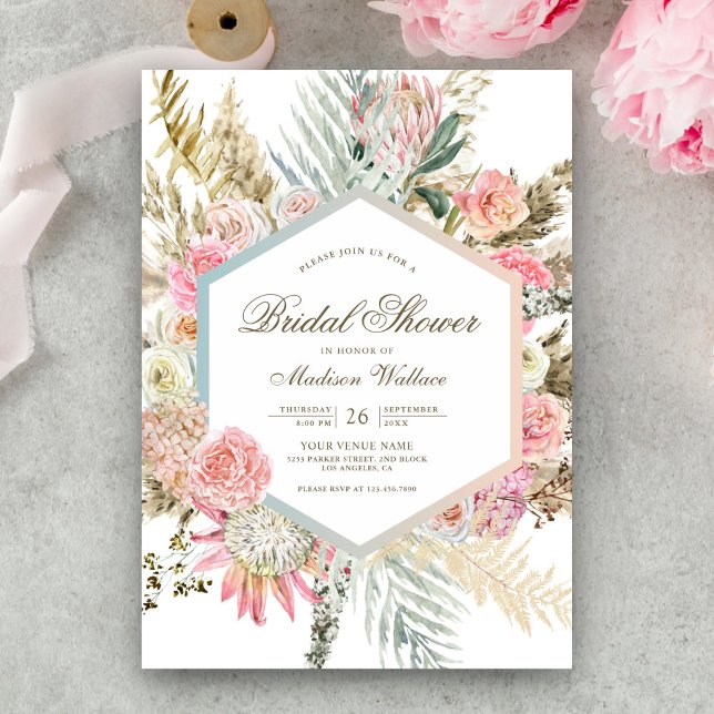 Blush Pink Floral Boho Pampas Bridal Shower Invitation (Creator Uploaded)