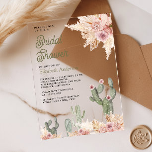 Blush Pink Floral Boho Pampas Cactus Bridal Shower Acrylic Invitations