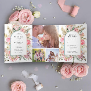 Blush Pink Floral Boho Pampas Grass Photo Wedding Tri-Fold Invitation