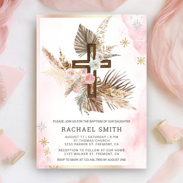 Blush Pink Floral Boho Pampas Wood Cross Baptism Invitation (Creator Uploaded)