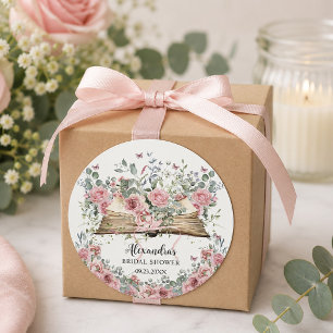 Blush Pink Floral Book New Chapter Bridal Shower Classic Round Sticker
