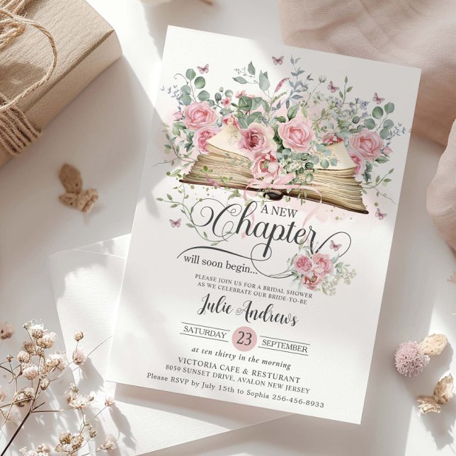 Blush Pink Floral Book New Chapter Bridal Shower Invitation (Creator Uploaded)