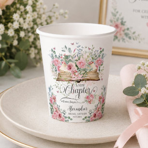 Blush Pink Floral Book New Chapter Bridal Shower Paper Cups
