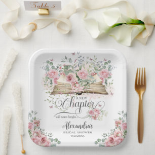 Blush Pink Floral Book New Chapter Bridal Shower Paper Plate