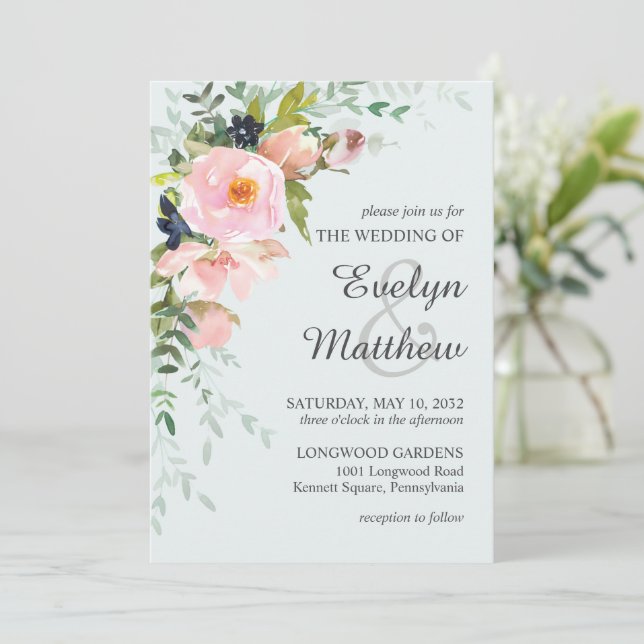 Blush Pink Floral Botanical Light Blue Wedding Invitation (Standing Front)