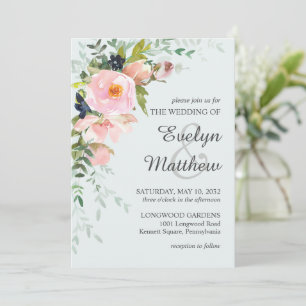 Blush Pink Floral Botanical Light Blue Wedding Invitation