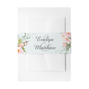 Blush Pink Floral Bouquet Blue Wedding Invitation Belly Band