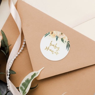 Blush Pink Floral Bouquet Gold Script Baby Shower Classic Round Sticker