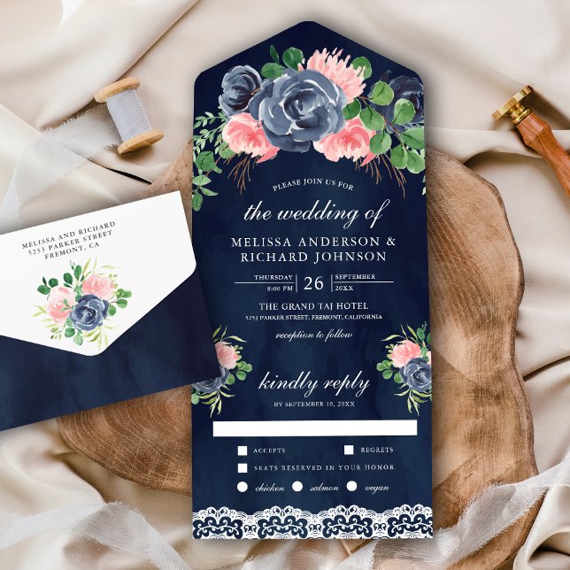 Blush Pink Floral Bouquet Lace Navy Blue Wedding All In One Invitation (Creator Uploaded)