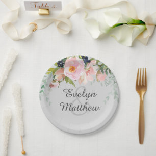 Blush Pink Floral Bouquet on Grey Bridal Shower Paper Plate