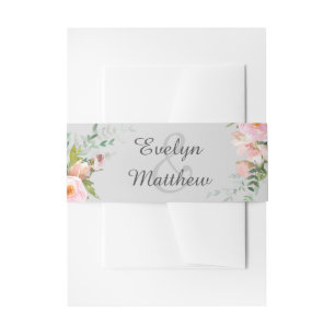 Blush Pink Floral Bouquet on Light Grey Wedding Invitation Belly Band