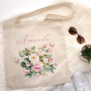 Blush Pink Floral Bouquet Wedding Bridesmaid Name Tote Bag