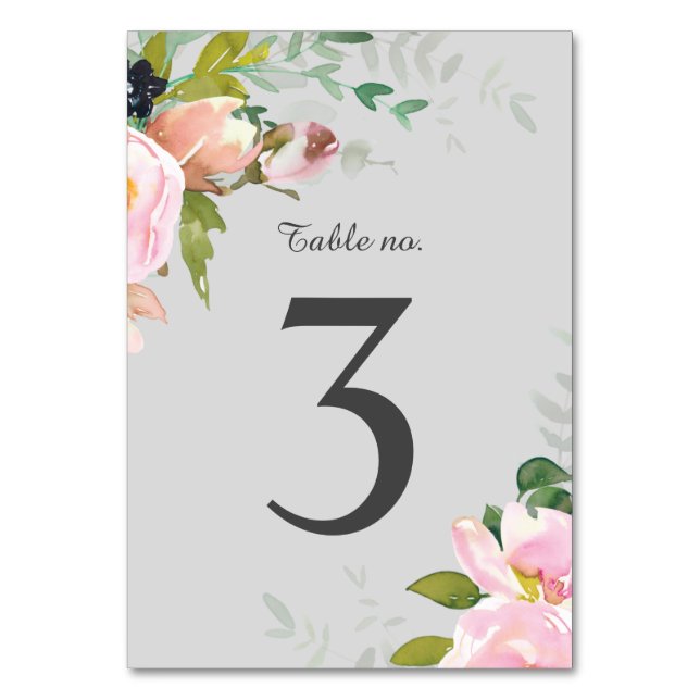 Blush Pink Floral Bouquets Grey Wedding Reception Table Number (Front)