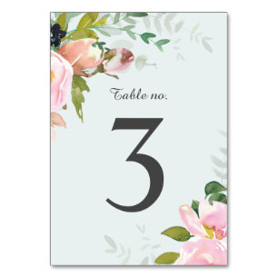 Blush Pink Floral Bouquets Sky Blue Wedding Table Number
